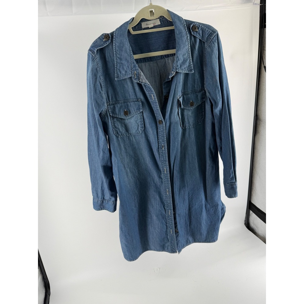 Two by Vince Camuto Denim Button Down Shirt/Jacket Blue Medium Wash XL Epaulets